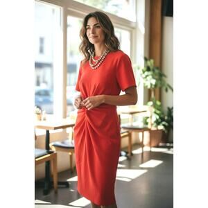 NWT Böhmé Orange Knotted Front Midi Dress Size XS Linen Viscose Blend Short Slv